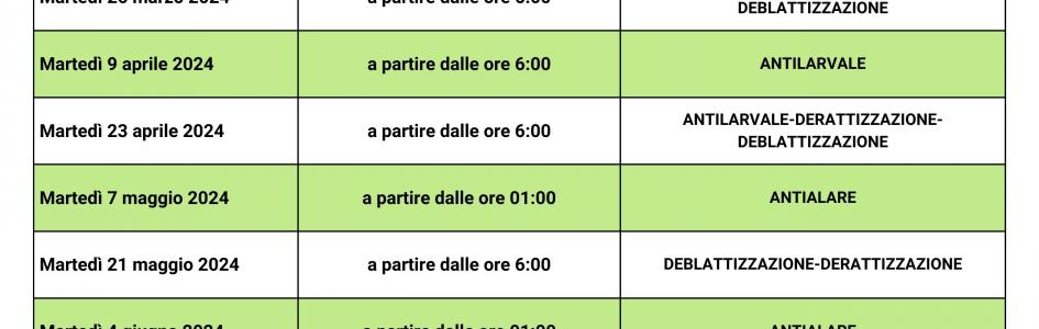 CALENDARIO DI INTERVENTI DI SANIFICAZIONE AMBIENTALE 2024